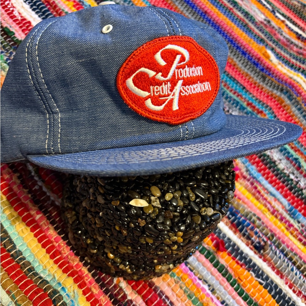 Vintage Blue Denim trucker style Cap with Red Patch and snap back